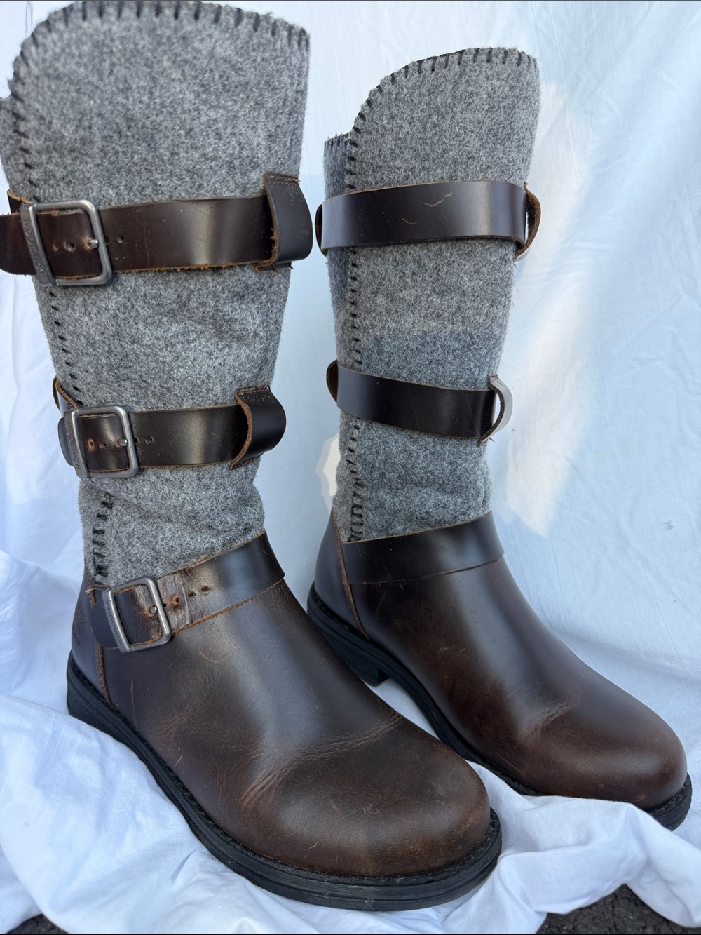 Woolrich Gray Felt Shaft Brown Leather Lace-Up Buckle Boots